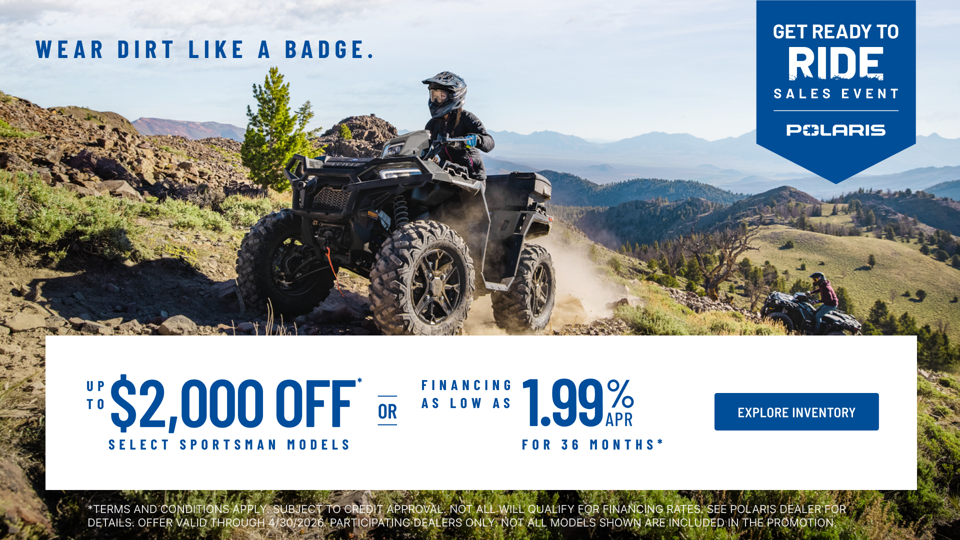 Polaris Sportsman ATV riding on rocky mountain trail with up to $2,000 off or 1.99% APR financing sales event
