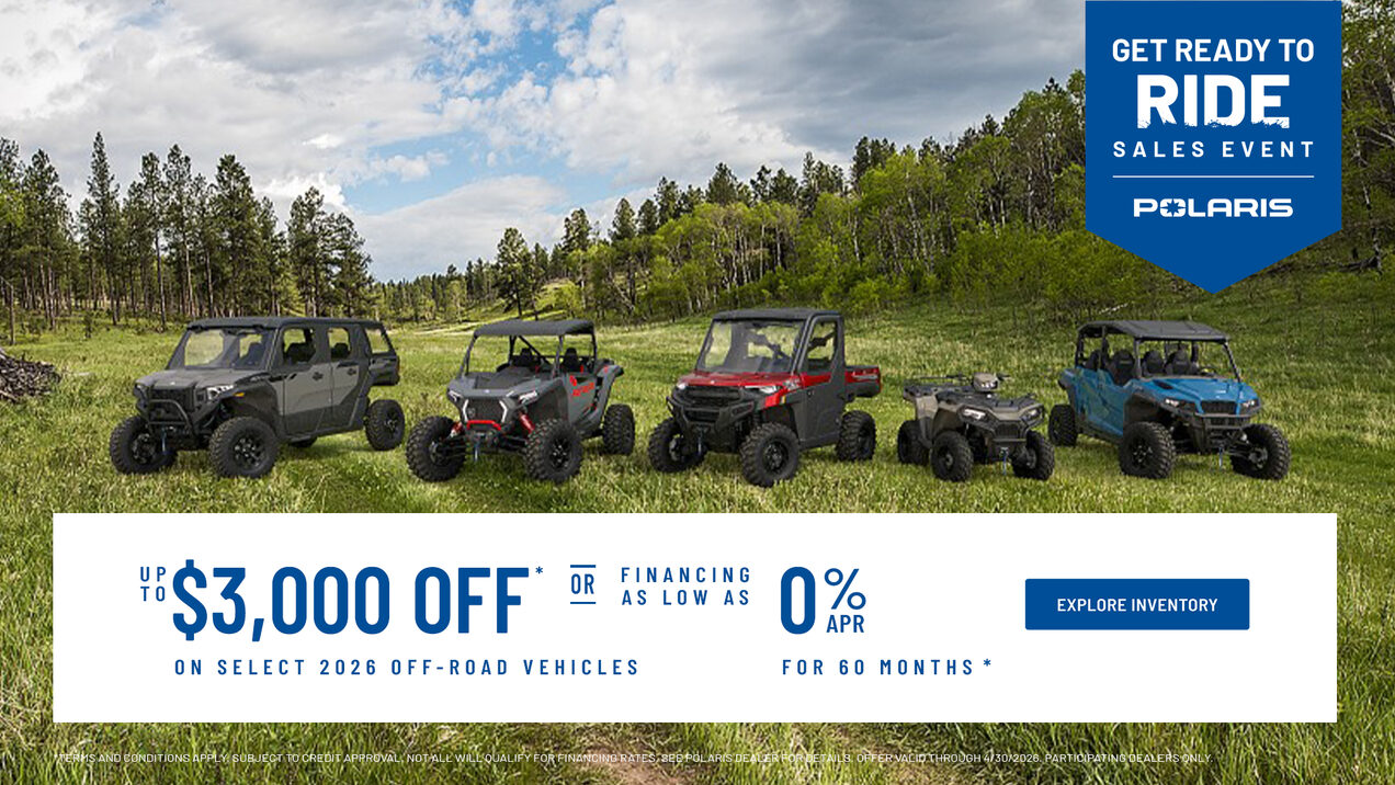 Polaris off-road vehicles lineup in field during Get Ready to Ride sales event with up to $3,000 off or 0% APR financing
