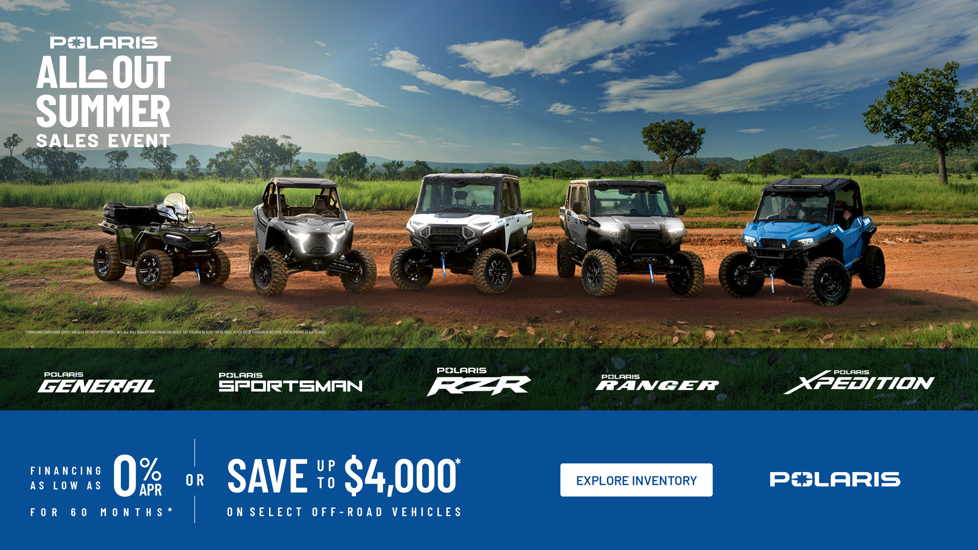Polaris All Out Summer Sales Event — 0% APR for 60 Months or Save Up to $4,000 on Select Off-Road Vehicles